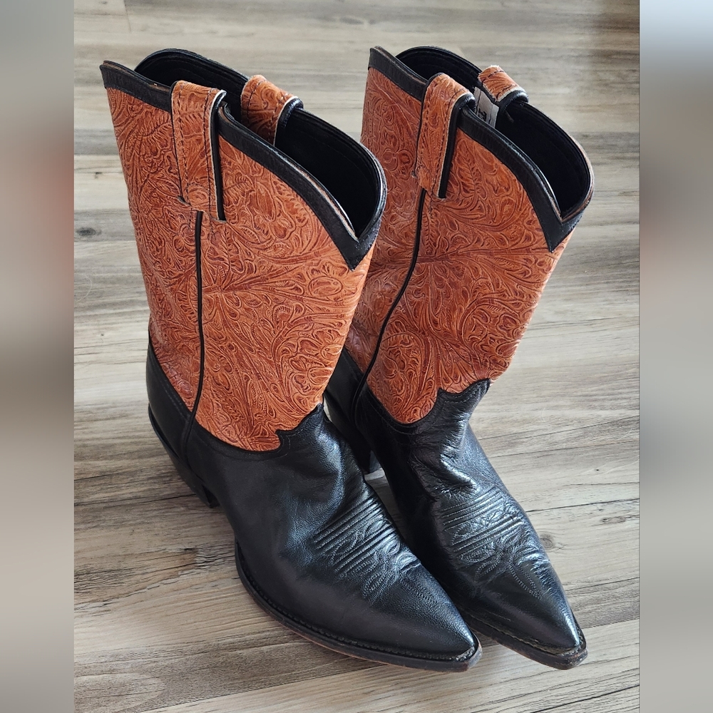 Tony Lama Black and Orange Western Heeled Boots